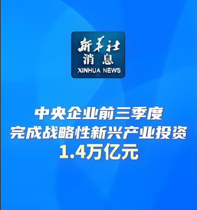 今年前三季度，中央企業(yè)在戰(zhàn)略性新興產(chǎn)業(yè)領(lǐng)域累計完成投資1.4萬億元，同比增長17.6%